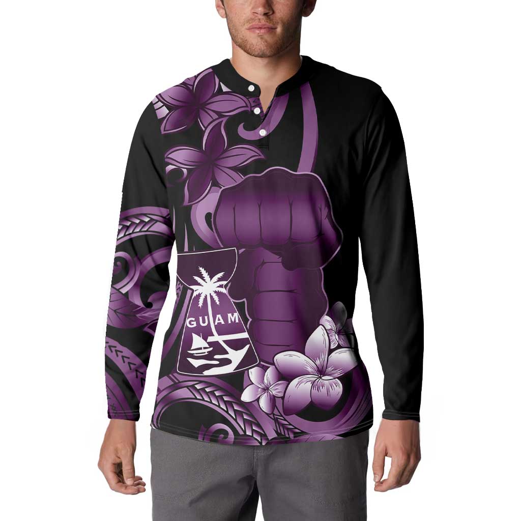 Purple Hafa Adai Guam Button Sweatshirt Chamorro Latte Stone Hand With Plumeria