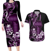 Purple Hafa Adai Guam Couples Matching Long Sleeve Bodycon Dress and Hawaiian Shirt Chamorro Latte Stone Hand With Plumeria
