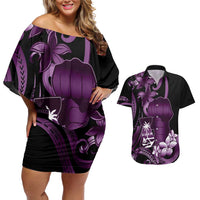 Purple Hafa Adai Guam Couples Matching Off Shoulder Short Dress and Hawaiian Shirt Chamorro Latte Stone Hand With Plumeria