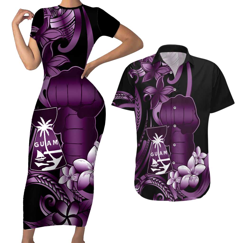 Purple Hafa Adai Guam Couples Matching Short Sleeve Bodycon Dress and Hawaiian Shirt Chamorro Latte Stone Hand With Plumeria