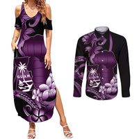 Purple Hafa Adai Guam Couples Matching Summer Maxi Dress and Long Sleeve Button Shirt Chamorro Latte Stone Hand With Plumeria