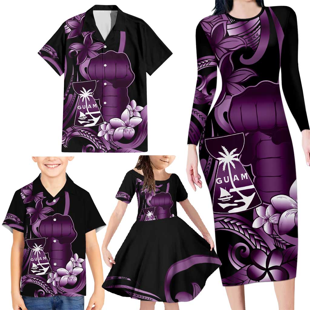 Purple Hafa Adai Guam Family Matching Long Sleeve Bodycon Dress and Hawaiian Shirt Chamorro Latte Stone Hand With Plumeria LT14 - Polynesian Pride
