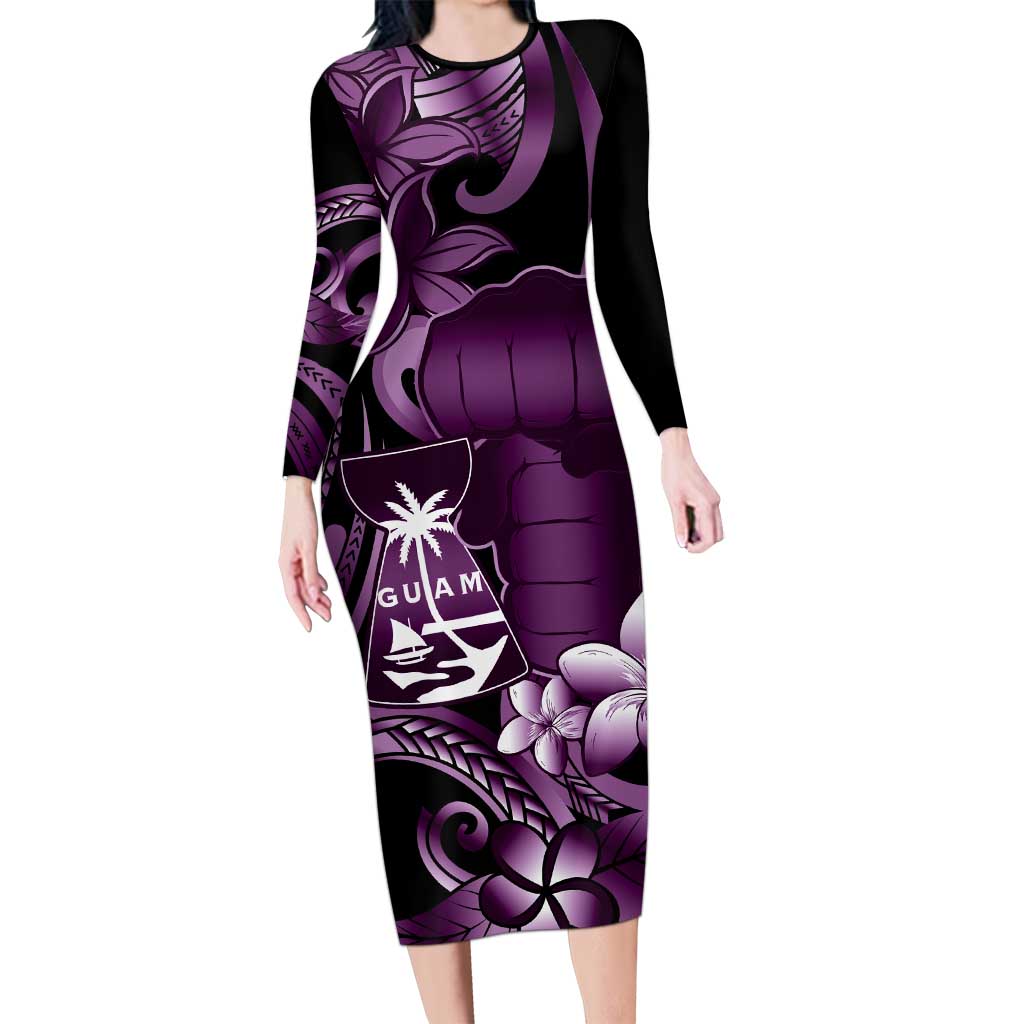 Purple Hafa Adai Guam Family Matching Long Sleeve Bodycon Dress and Hawaiian Shirt Chamorro Latte Stone Hand With Plumeria LT14 Mom's Dress Purple - Polynesian Pride