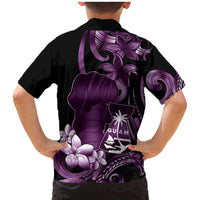 Purple Hafa Adai Guam Family Matching Mermaid Dress and Hawaiian Shirt Chamorro Latte Stone Hand With Plumeria LT14 - Polynesian Pride