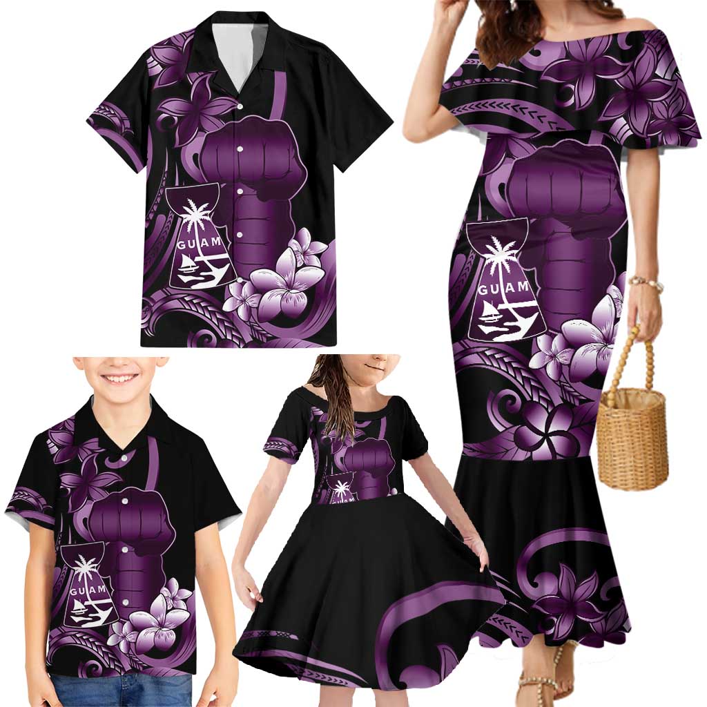 Purple Hafa Adai Guam Family Matching Mermaid Dress and Hawaiian Shirt Chamorro Latte Stone Hand With Plumeria LT14 - Polynesian Pride