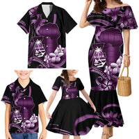 Purple Hafa Adai Guam Family Matching Mermaid Dress and Hawaiian Shirt Chamorro Latte Stone Hand With Plumeria LT14 - Polynesian Pride