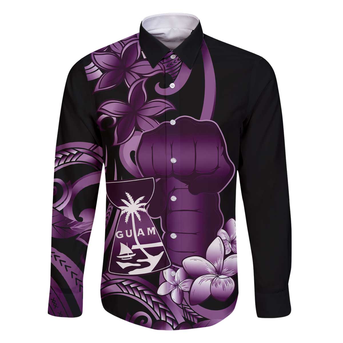 Purple Hafa Adai Guam Family Matching Off The Shoulder Long Sleeve Dress and Hawaiian Shirt Chamorro Latte Stone Hand With Plumeria