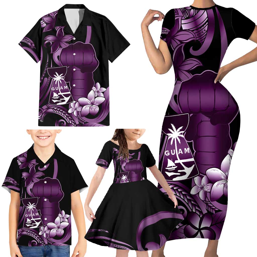 Purple Hafa Adai Guam Family Matching Short Sleeve Bodycon Dress and Hawaiian Shirt Chamorro Latte Stone Hand With Plumeria LT14 - Polynesian Pride