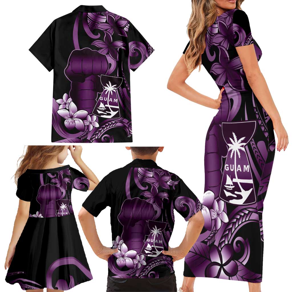 Purple Hafa Adai Guam Family Matching Short Sleeve Bodycon Dress and Hawaiian Shirt Chamorro Latte Stone Hand With Plumeria LT14 - Polynesian Pride