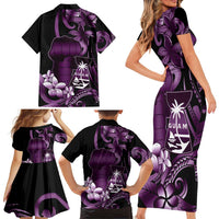 Purple Hafa Adai Guam Family Matching Short Sleeve Bodycon Dress and Hawaiian Shirt Chamorro Latte Stone Hand With Plumeria LT14 - Polynesian Pride