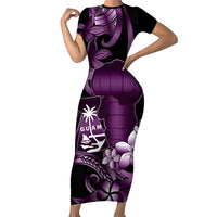 Purple Hafa Adai Guam Family Matching Short Sleeve Bodycon Dress and Hawaiian Shirt Chamorro Latte Stone Hand With Plumeria LT14 Mom's Dress Purple - Polynesian Pride