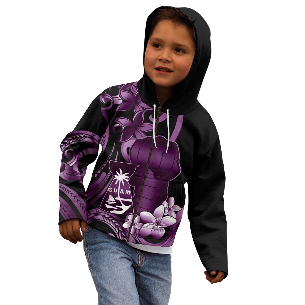 Purple Hafa Adai Guam Kid Hoodie Chamorro Latte Stone Hand With Plumeria