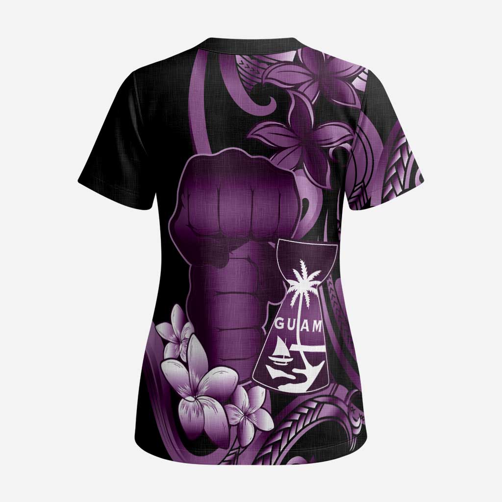 Purple Hafa Adai Guam Scrub Top Chamorro Latte Stone Hand With Plumeria - Polynesian Pride