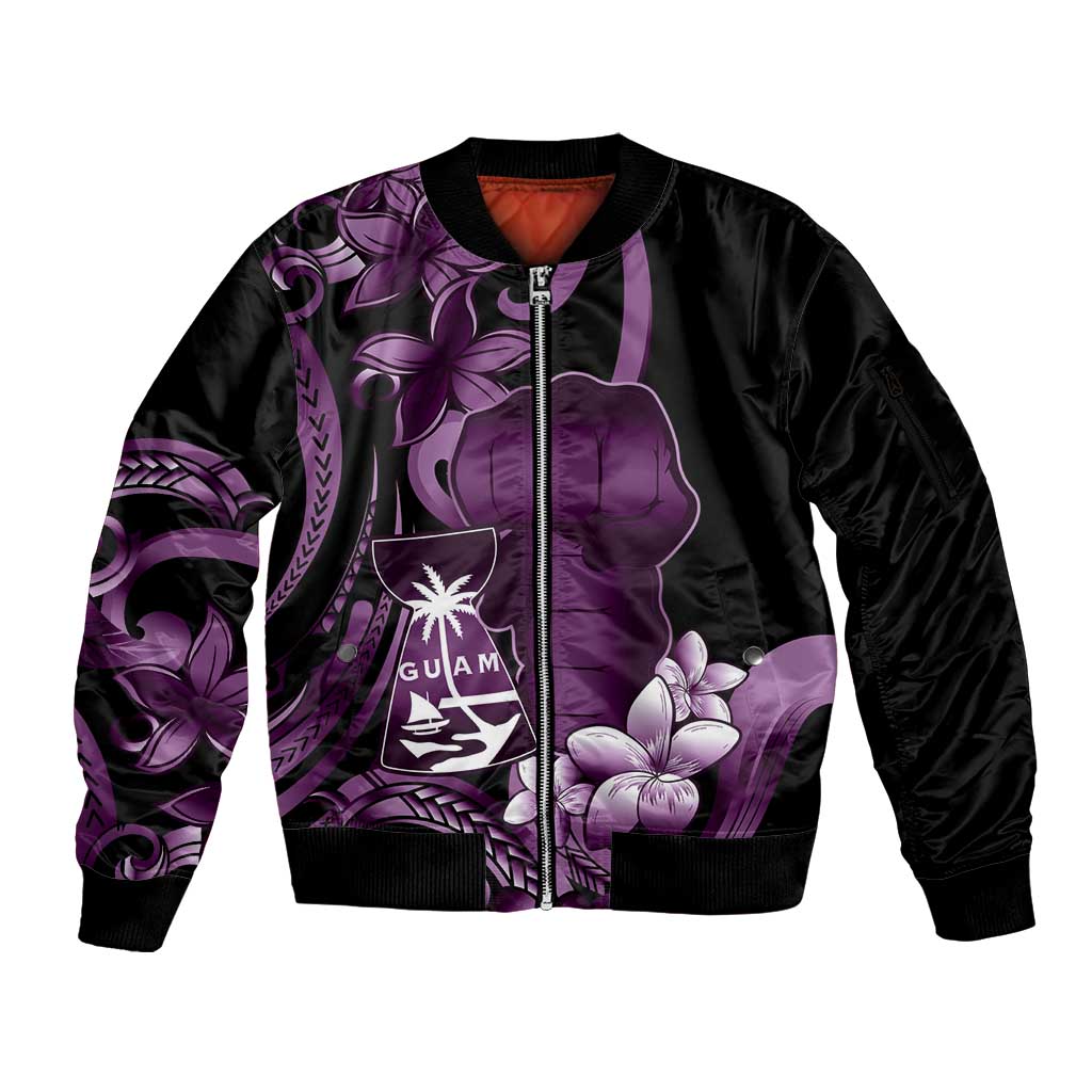 Purple Hafa Adai Guam Sleeve Zip Bomber Jacket Chamorro Latte Stone Hand With Plumeria