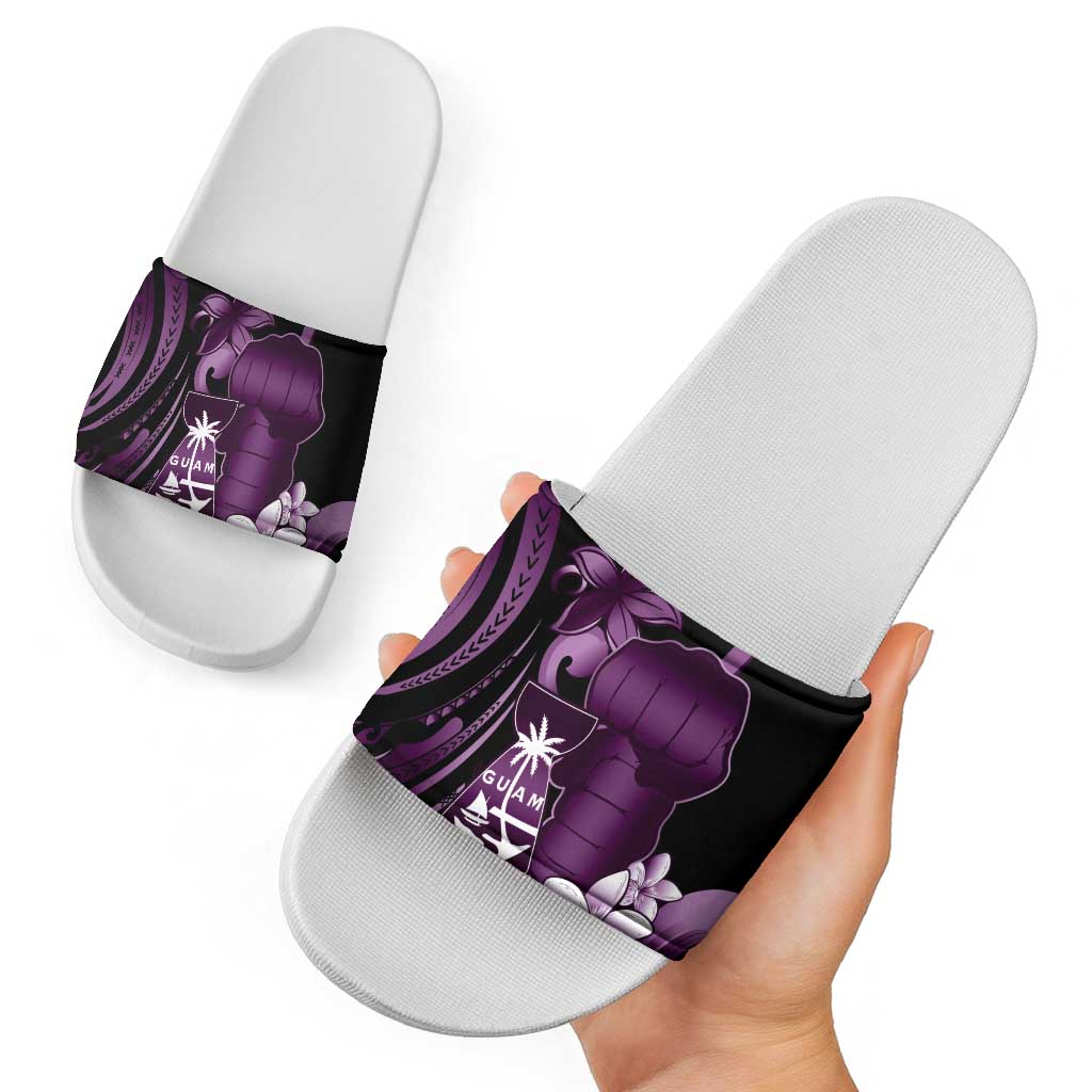 Purple Hafa Adai Guam Slide Sandals Chamorro Latte Stone Hand With Plumeria - Polynesian Pride