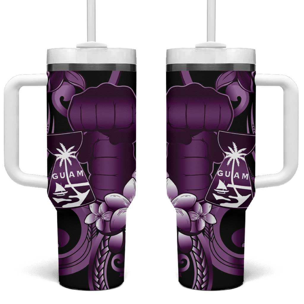 Purple Hafa Adai Guam Tumbler With Handle Chamorro Latte Stone Hand With Plumeria