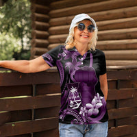 Purple Hafa Adai Guam Women Polo Shirt Chamorro Latte Stone Hand With Plumeria