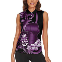 Purple Hafa Adai Guam Women Sleeveless Polo Shirt Chamorro Latte Stone Hand With Plumeria