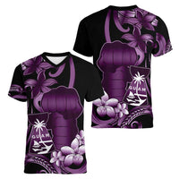 Purple Hafa Adai Guam Women V-Neck T-Shirt Chamorro Latte Stone Hand With Plumeria