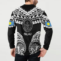 Palau Constitution Day Button Sweatshirt Belau Seal With Polynesian Pattern - Black