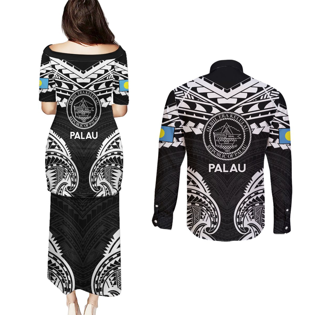 Palau Constitution Day Couples Matching Puletasi and Long Sleeve Button Shirt Belau Seal With Polynesian Pattern - Black LT14 - Polynesian Pride