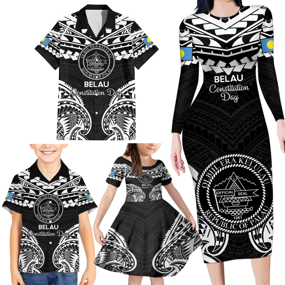 Palau Constitution Day Family Matching Long Sleeve Bodycon Dress and Hawaiian Shirt Belau Seal With Polynesian Pattern - Black LT14 - Polynesian Pride