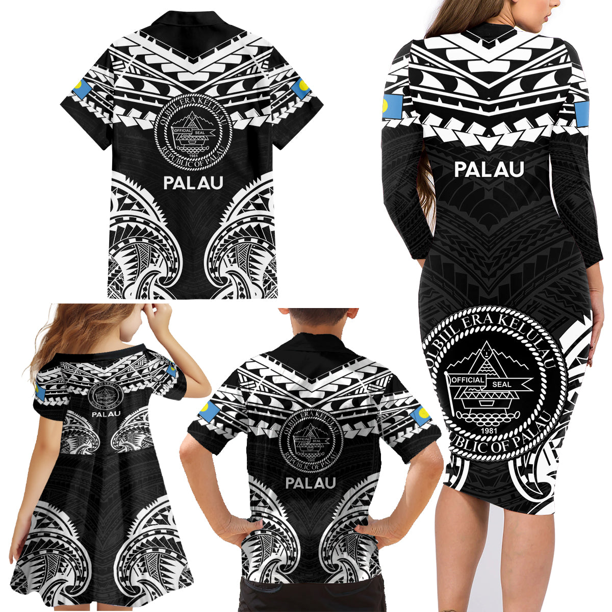 Palau Constitution Day Family Matching Long Sleeve Bodycon Dress and Hawaiian Shirt Belau Seal With Polynesian Pattern - Black LT14 - Polynesian Pride