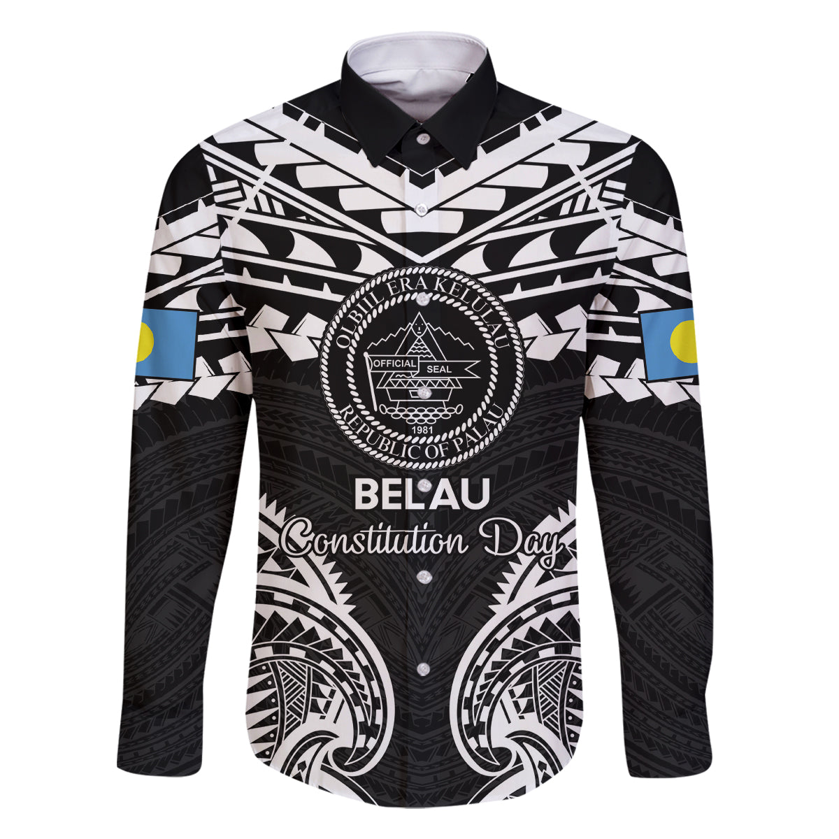 Palau Constitution Day Family Matching Long Sleeve Bodycon Dress and Hawaiian Shirt Belau Seal With Polynesian Pattern - Black LT14 Dad's Shirt - Long Sleeve Black - Polynesian Pride