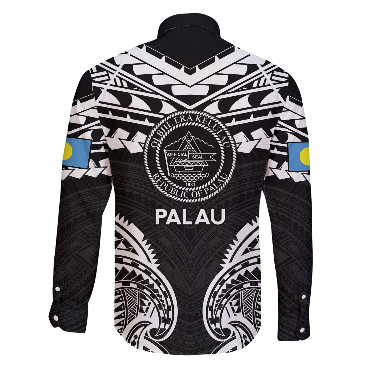 Palau Constitution Day Family Matching Long Sleeve Bodycon Dress and Hawaiian Shirt Belau Seal With Polynesian Pattern - Black LT14 - Polynesian Pride