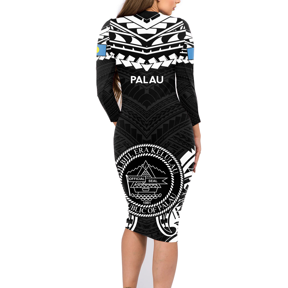 Palau Constitution Day Family Matching Long Sleeve Bodycon Dress and Hawaiian Shirt Belau Seal With Polynesian Pattern - Black LT14 - Polynesian Pride