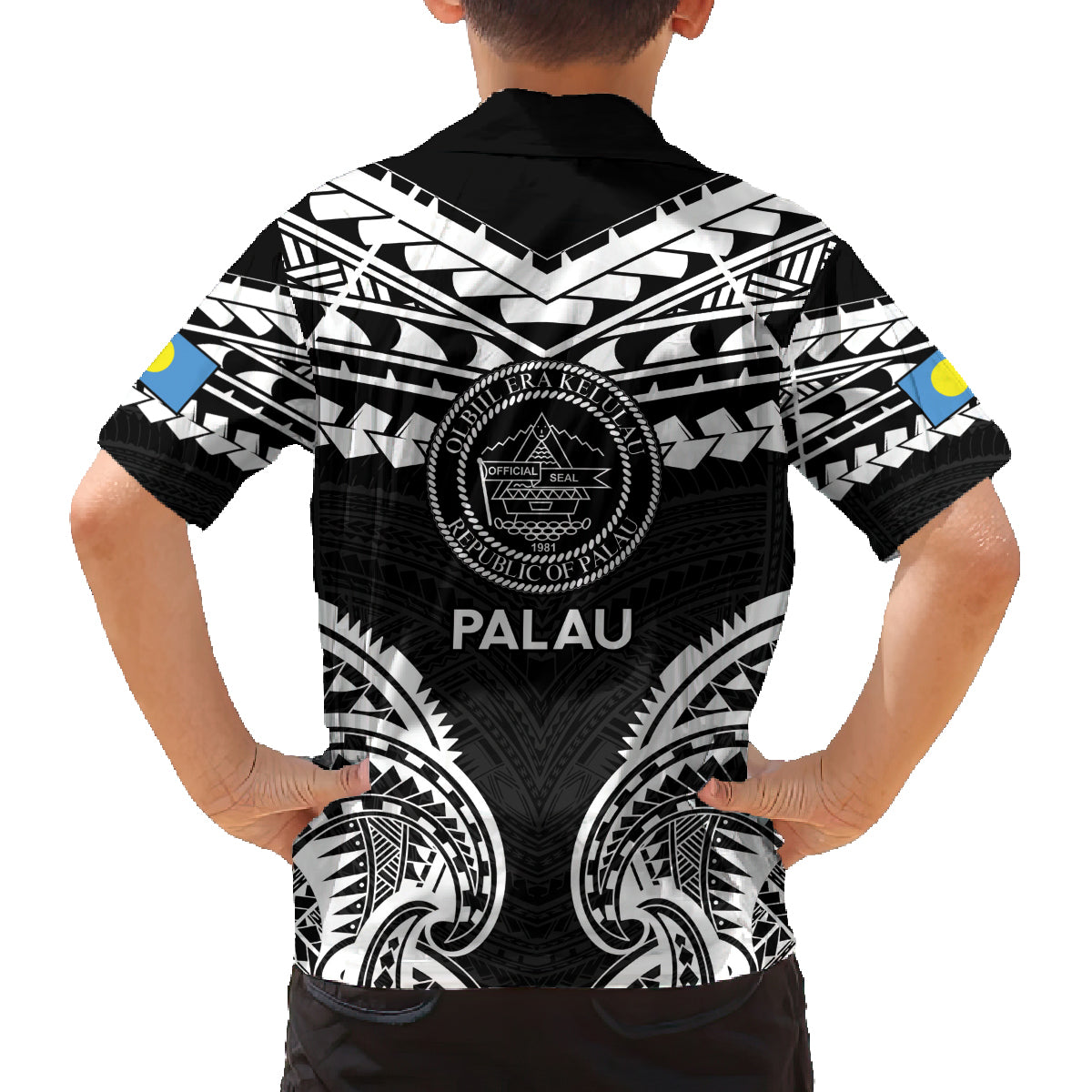 Palau Constitution Day Family Matching Off The Shoulder Long Sleeve Dress and Hawaiian Shirt Belau Seal With Polynesian Pattern - Black LT14 - Polynesian Pride