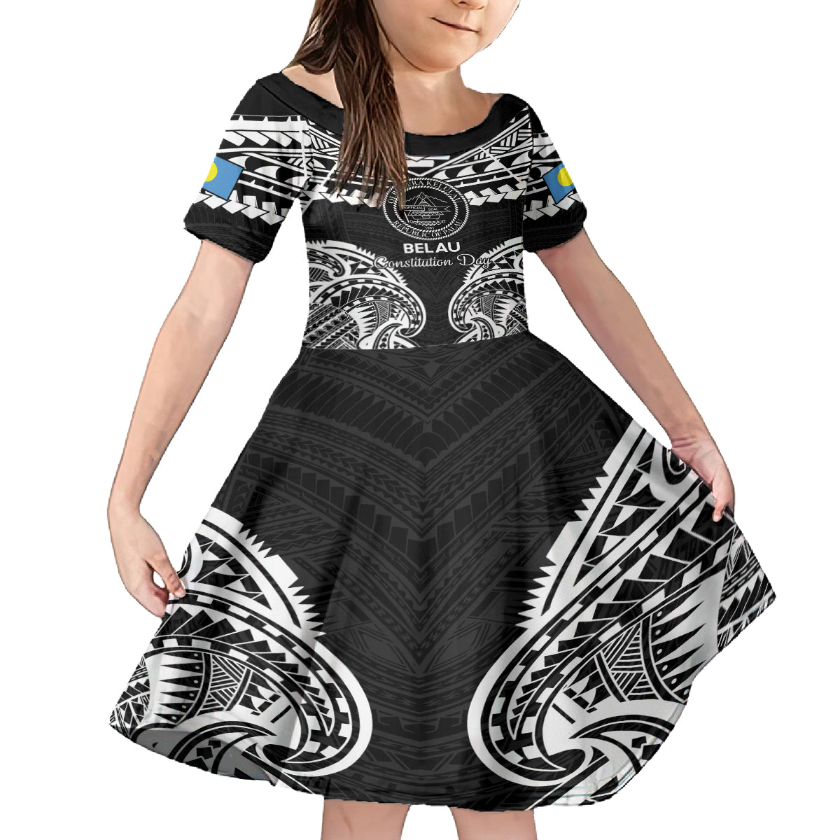 Palau Constitution Day Family Matching Off The Shoulder Long Sleeve Dress and Hawaiian Shirt Belau Seal With Polynesian Pattern - Black LT14 Daughter's Dress Black - Polynesian Pride