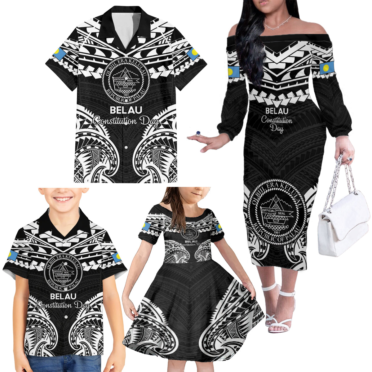 Palau Constitution Day Family Matching Off The Shoulder Long Sleeve Dress and Hawaiian Shirt Belau Seal With Polynesian Pattern - Black LT14 - Polynesian Pride