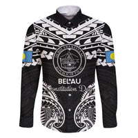 Palau Constitution Day Family Matching Off The Shoulder Long Sleeve Dress and Hawaiian Shirt Belau Seal With Polynesian Pattern - Black LT14 Dad's Shirt - Long Sleeve Black - Polynesian Pride