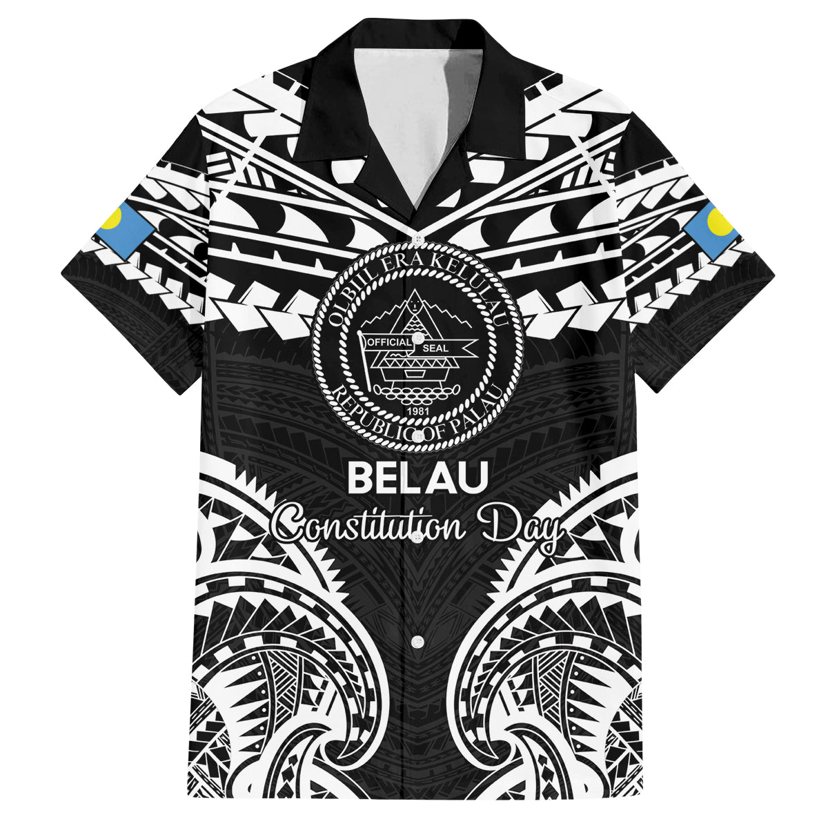 Palau Constitution Day Family Matching Off Shoulder Short Dress and Hawaiian Shirt Belau Seal With Polynesian Pattern - Black