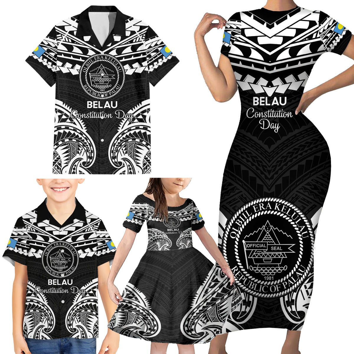 Palau Constitution Day Family Matching Short Sleeve Bodycon Dress and Hawaiian Shirt Belau Seal With Polynesian Pattern - Black LT14 - Polynesian Pride