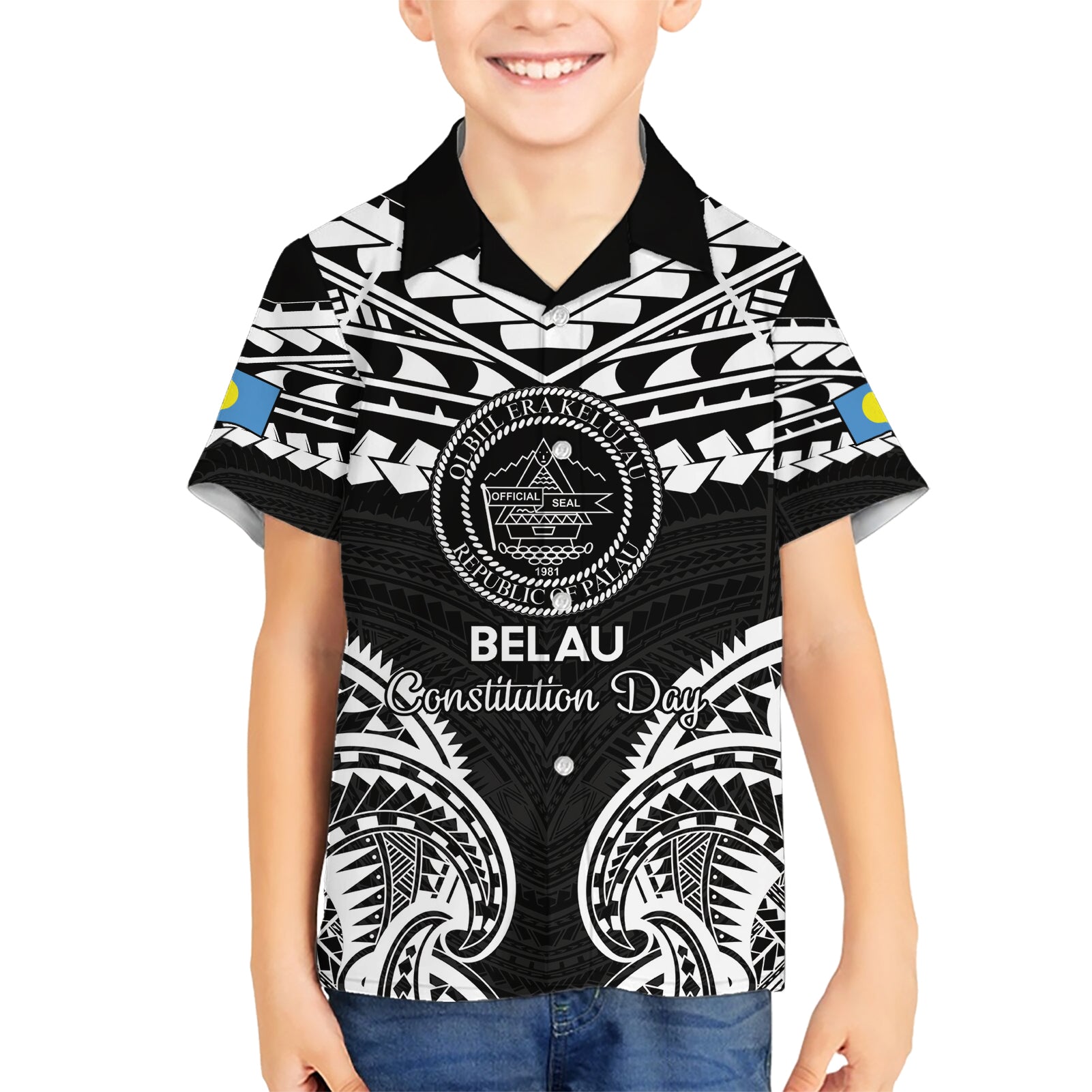 Palau Constitution Day Kid Hawaiian Shirt Belau Seal With Polynesian Pattern - Black
