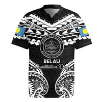 Palau Constitution Day Rugby Jersey Belau Seal With Polynesian Pattern - Black