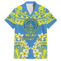 Palau Constitution Day Family Matching Long Sleeve Bodycon Dress and Hawaiian Shirt Belau Seal With Frangipani Polynesian Pattern - Blue LT14 Dad's Shirt - Short Sleeve Blue - Polynesian Pride