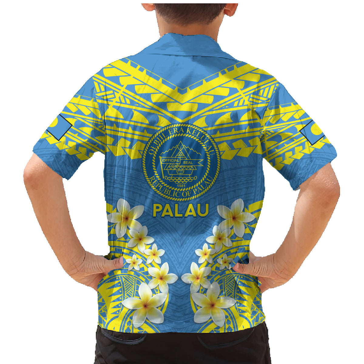 Palau Constitution Day Family Matching Mermaid Dress and Hawaiian Shirt Belau Seal With Frangipani Polynesian Pattern - Blue LT14 - Polynesian Pride