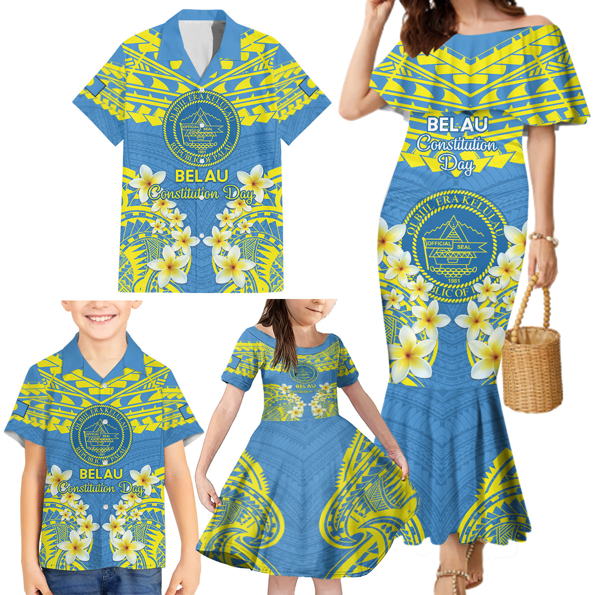 Palau Constitution Day Family Matching Mermaid Dress and Hawaiian Shirt Belau Seal With Frangipani Polynesian Pattern - Blue LT14 - Polynesian Pride
