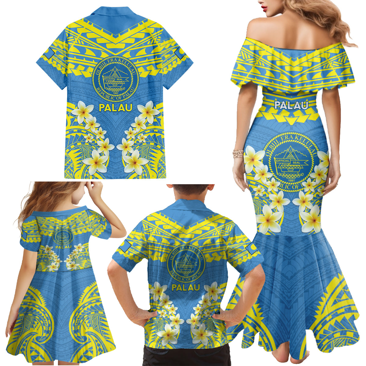 Palau Constitution Day Family Matching Mermaid Dress and Hawaiian Shirt Belau Seal With Frangipani Polynesian Pattern - Blue LT14 - Polynesian Pride