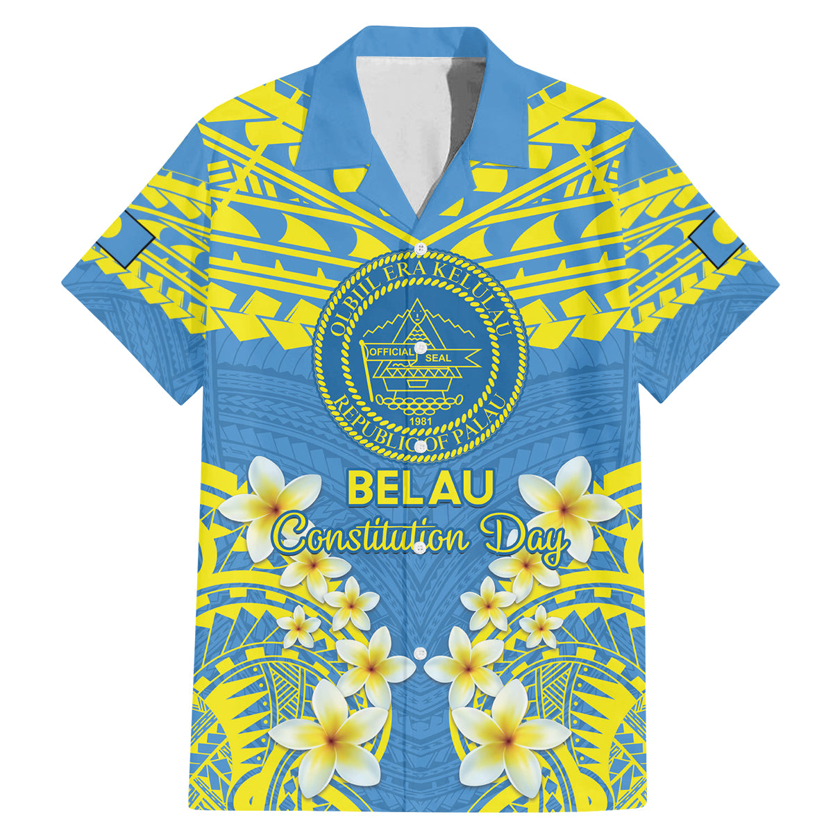Palau Constitution Day Family Matching Mermaid Dress and Hawaiian Shirt Belau Seal With Frangipani Polynesian Pattern - Blue LT14 Dad's Shirt - Short Sleeve Blue - Polynesian Pride
