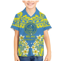 Palau Constitution Day Family Matching Mermaid Dress and Hawaiian Shirt Belau Seal With Frangipani Polynesian Pattern - Blue LT14 Son's Shirt Blue - Polynesian Pride