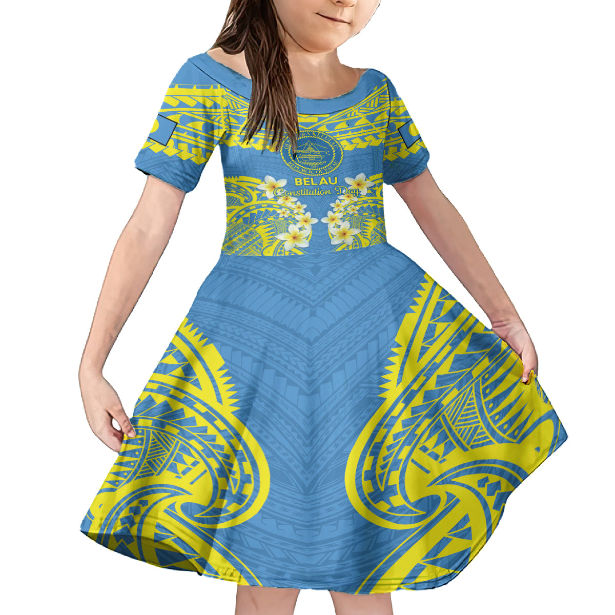 Palau Constitution Day Family Matching Off The Shoulder Long Sleeve Dress and Hawaiian Shirt Belau Seal With Frangipani Polynesian Pattern - Blue LT14 Daughter's Dress Blue - Polynesian Pride
