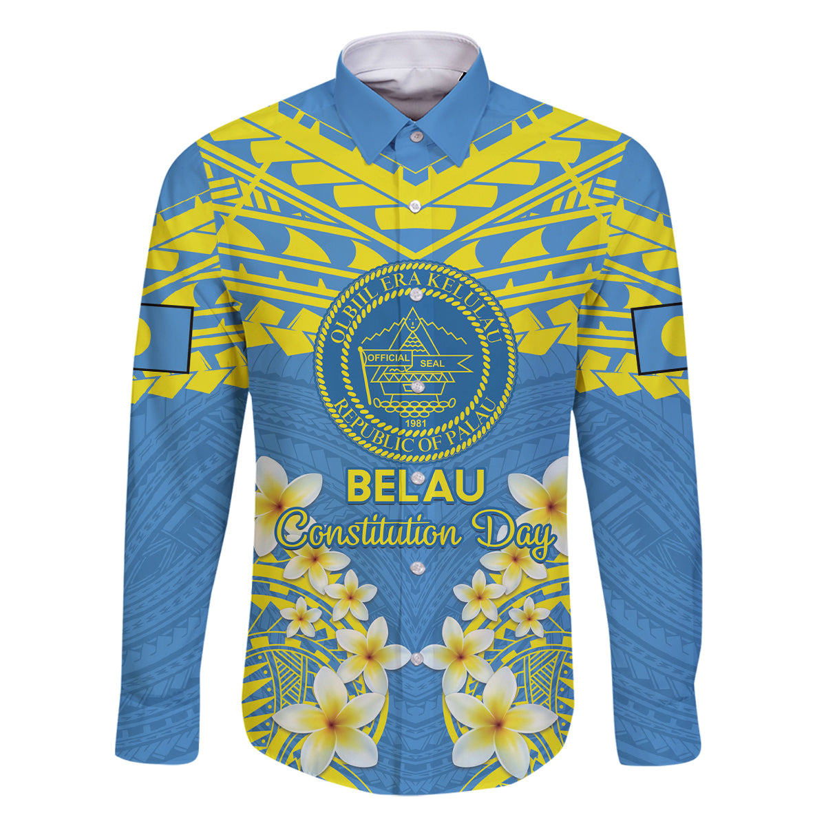 Palau Constitution Day Family Matching Off The Shoulder Long Sleeve Dress and Hawaiian Shirt Belau Seal With Frangipani Polynesian Pattern - Blue LT14 Dad's Shirt - Long Sleeve Blue - Polynesian Pride