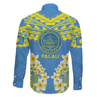 Palau Constitution Day Family Matching Off Shoulder Maxi Dress and Hawaiian Shirt Belau Seal With Frangipani Polynesian Pattern - Blue