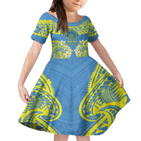 Palau Constitution Day Family Matching Off Shoulder Short Dress and Hawaiian Shirt Belau Seal With Frangipani Polynesian Pattern - Blue