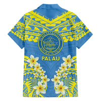 Palau Constitution Day Family Matching Off Shoulder Short Dress and Hawaiian Shirt Belau Seal With Frangipani Polynesian Pattern - Blue