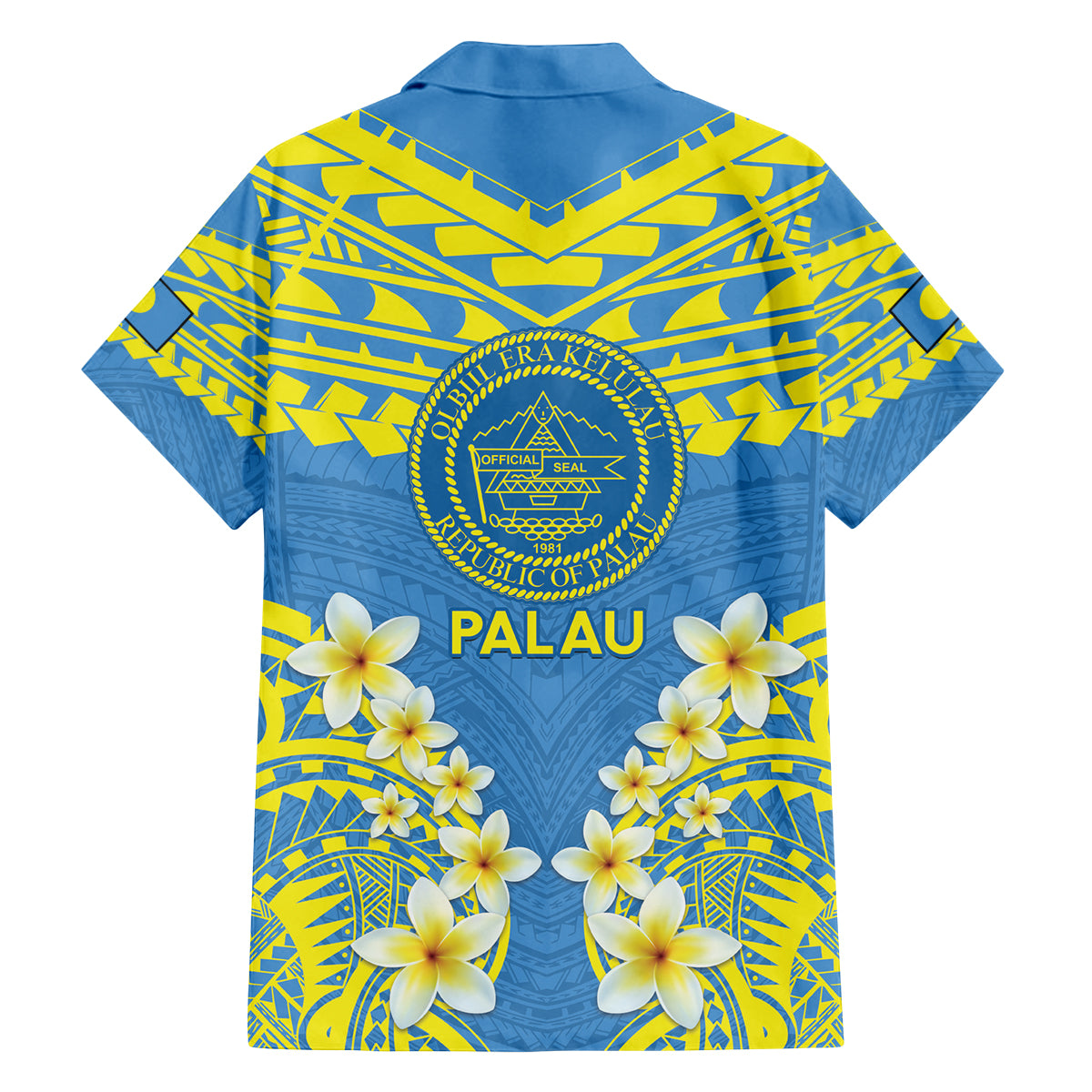Palau Constitution Day Family Matching Puletasi and Hawaiian Shirt Belau Seal With Frangipani Polynesian Pattern - Blue